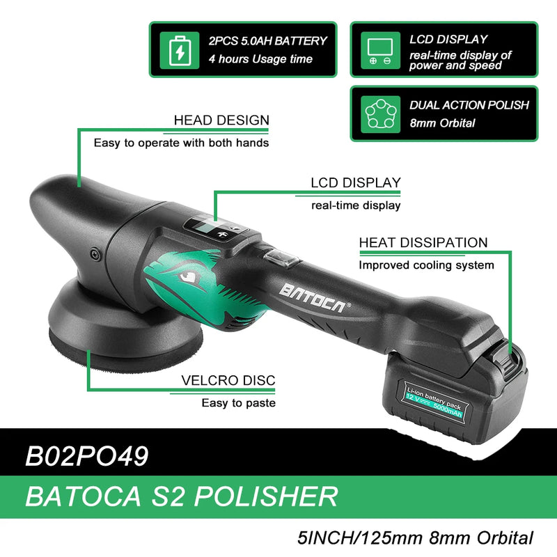 Batoca S2 Cordless Car Polisher Set 2 x 5.0Ah Battery Wireless Car Polishing Machine Dual Action LCD Soft Start Polisher