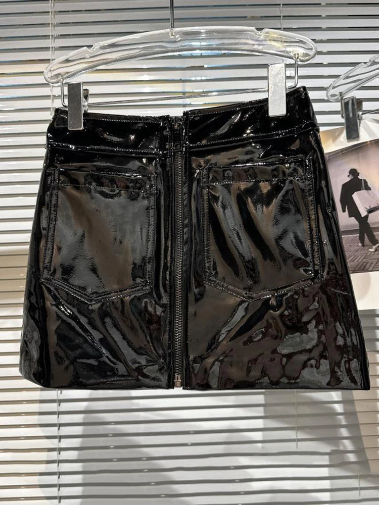 DEAT Shiny PU Leather Zipper Design Skirts Women's Streetwear High Waist Trend Pocket Wrap Hip Skirt Female 2024 Spring 11XX1221