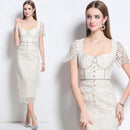 Luxury Crystal Chain Lace Formal Dress Women Summer Vacation Short Sleeve Single Breasted Bead Lace Pencil Long Dresses Evening