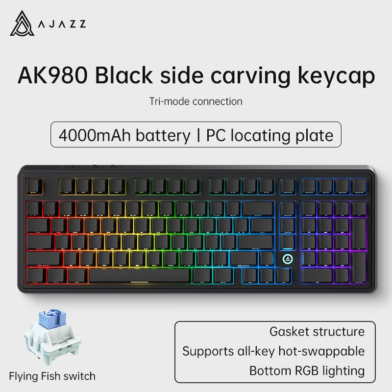 AJAZZ AK980 Mechanical Gaming keyboard, 2.9cm TFT Screen, Volume Knob, 98-Key Gasket Structure, RGB Lighting, Hot-Swappable PR4