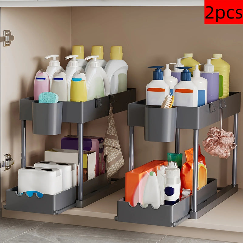 2Pcs 2-Tier Sliding Cabinet Organizer, Pull-Out Under Sink Rack, Double-Layer Shelf for Kitchen and Bathroom Storage