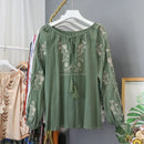 Ethnic Style O-Neck Lace-up Blouse Women Embroidery Y2k Tops Female Casual Blouses Lantern Sleeve Blusas De Mujer Dropshipping