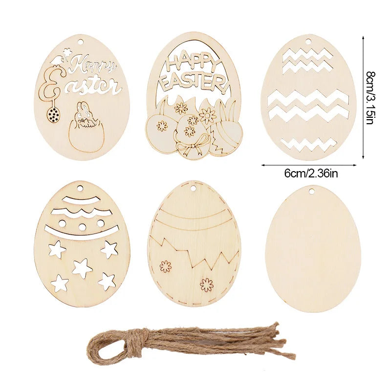 6/12Pcs Easter Egg Wooden Slice Kids DIY Painting Gift Hanging Pendant Unfinished Wood Crafts Happy Easter Party Home Decoration