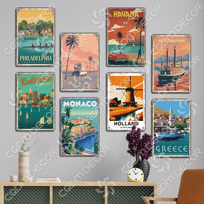 Capital City Scenery Tin Sign Metal Plate Canada Mexico Greece Dubai Metal Poster Vintage Wall Decor for Cafe Living Room Home