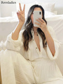 Bornladies Pleated Wide Leg Pants Sets Women Elastic High Waist Ruched Palazzo Pants + Loose Blouse Shirt Sets Oversized Pants