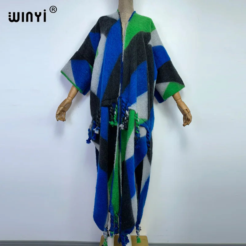 2022 WINYI Winter Women tassel Cardigan coat Loose Christmas dress robe longue Thick Warm free size Middle East Female Kaftan