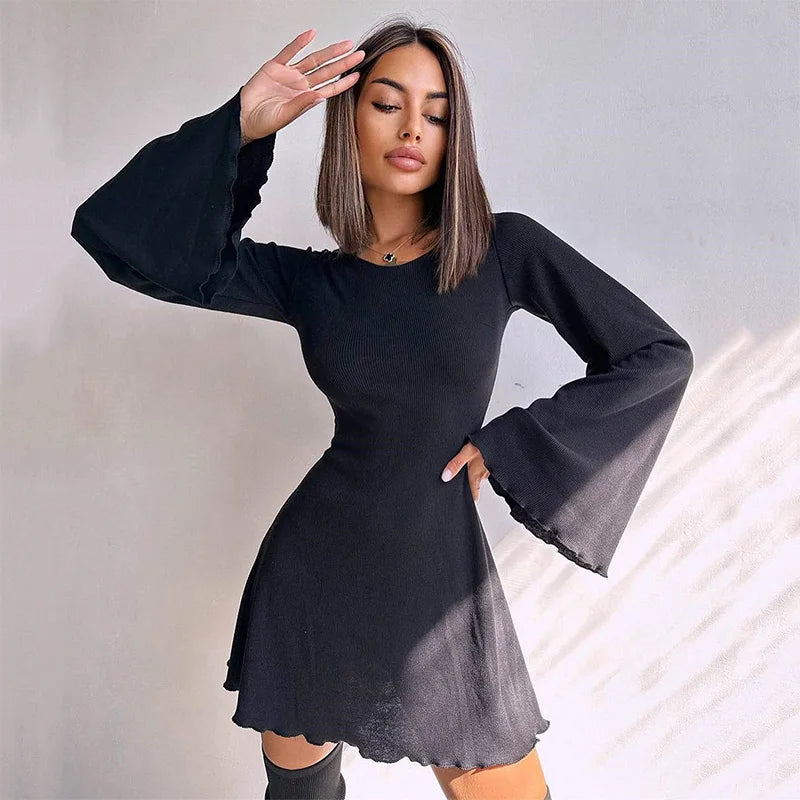 Sexy Dresses Nightclub Mini Short Party Dress Women Back Bandage O Neck A Line Flare Sleeves Autumn Vestidos Ladies Fall Robe