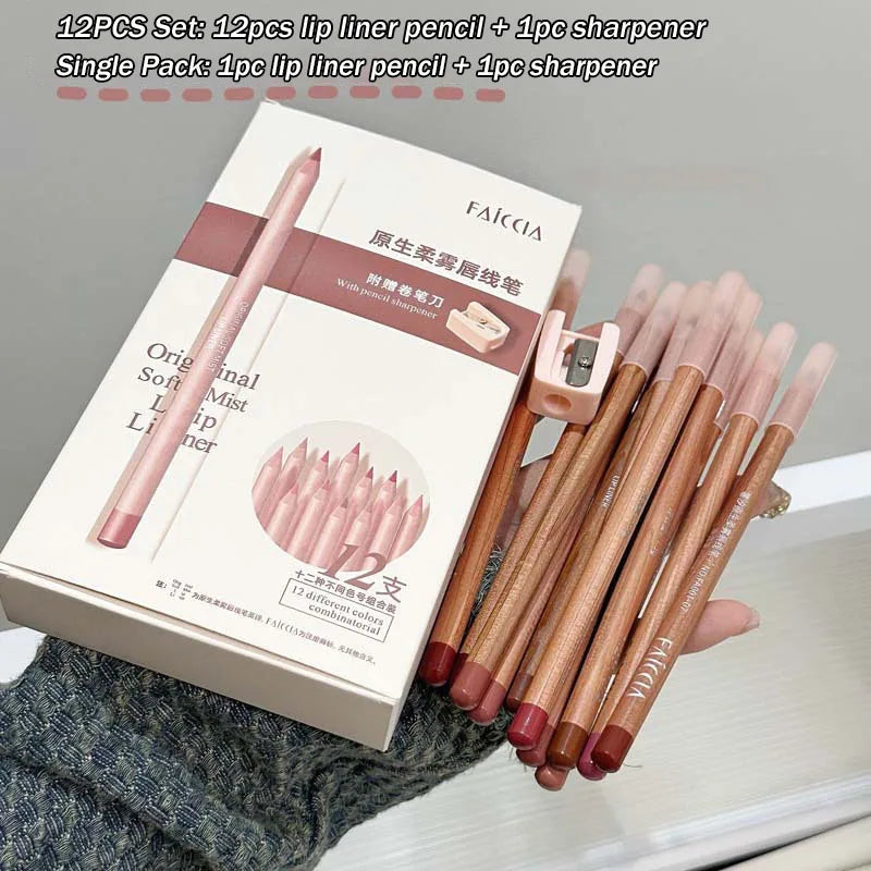 Matte Lipliner Wood Pencil Waterproof Velvet Brown Red Lip Contour Pen Lip Liner Lipstick Lasting Non-stick High Pigment 12Color