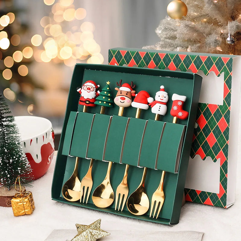 Christmas Dinnerware Stainless Steel With Luxury Gift Box Tableware Desser Fork Coffee Spoon Santa Cutlery For Christmas