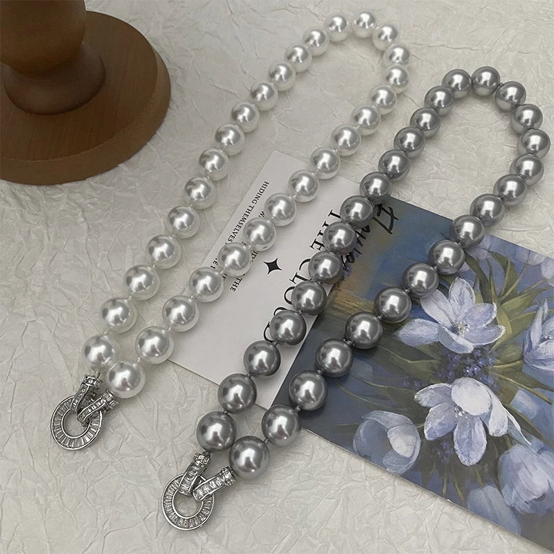 ANENJERY 6/8/10MM Gray Imitation Pearl Beads Chain Necklace for Women 2024 Trend Elegant Lady Necklace Jewelry Gifts