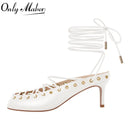 Onlymaker Women White Closed ToeLace Up Mules Kitten Heel Stiletto Summer Sandals Coeset Heels