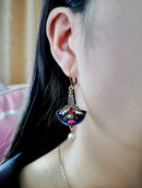 Creative Thistle Flower Drop Earrings Women Ethnic Black Enamel Fan Shaped Red Stone Pearl Statement Earrings