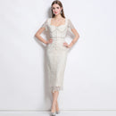 Luxury Crystal Chain Lace Formal Dress Women Summer Vacation Short Sleeve Single Breasted Bead Lace Pencil Long Dresses Evening