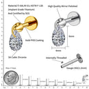 Right Grand ASTM F136 Titanium 16G Floating Pear Waterdrop CZ Dangle Charm Stud Earring Threaded Tragus Cartilage Helix Piercing