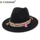 BUTTERMERE Damen Fedora Hut Wolle Khaki Jazz Hüte Weiblich National Lässig Große Krempe Vintage Herbst Klassischer Filzhut und Mütze 2022