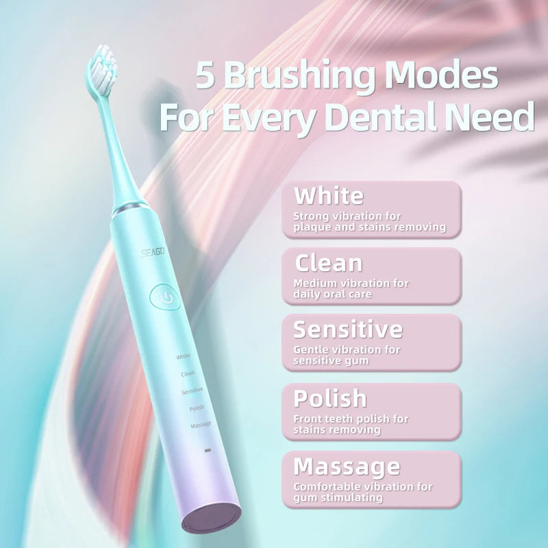 Seago Sonic Electric Toothbrush 5 Modes Waterproof Fasth Head Adult Brush USB Charging Couple Gift Unique Colorful Design