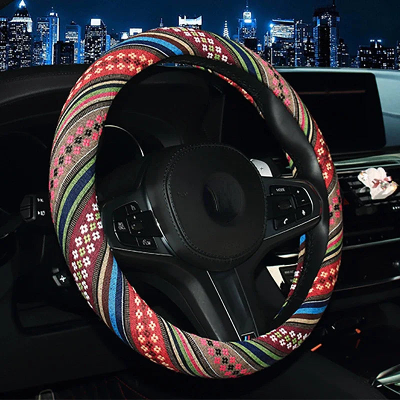 Car Steering Wheel Cover 38cm Universal Elastic National Wind Linen Car Steering Wheel Cover Breathable Non-slip Car Accessories