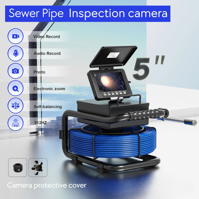 Pipe Inspection Camera 5in+ Self-Leveling 512HZ Transmitter+Audio Recording +DVR Drain Sewer Inspection Video  Endoscope Camera