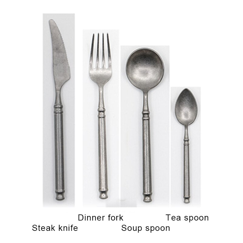 Retro Scrub 304 Stainless Steel Flatware Kitchen Cutlery Set Steak Knife Fork Spoon Set Dessert Fork Vintage restaurant Cutlery