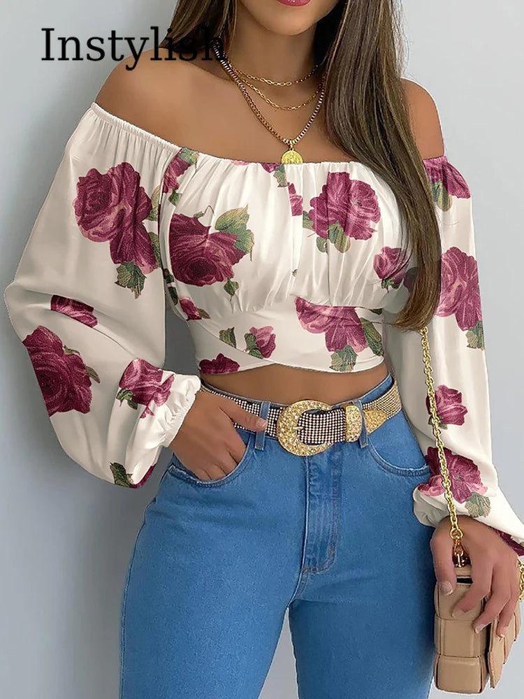 Women Sexy Off Shoulder Printing Blouses Chic and Elegant Lantern Long Sleeve Lace Up Bow Cropped Tops Casual Slim Shirts 2023