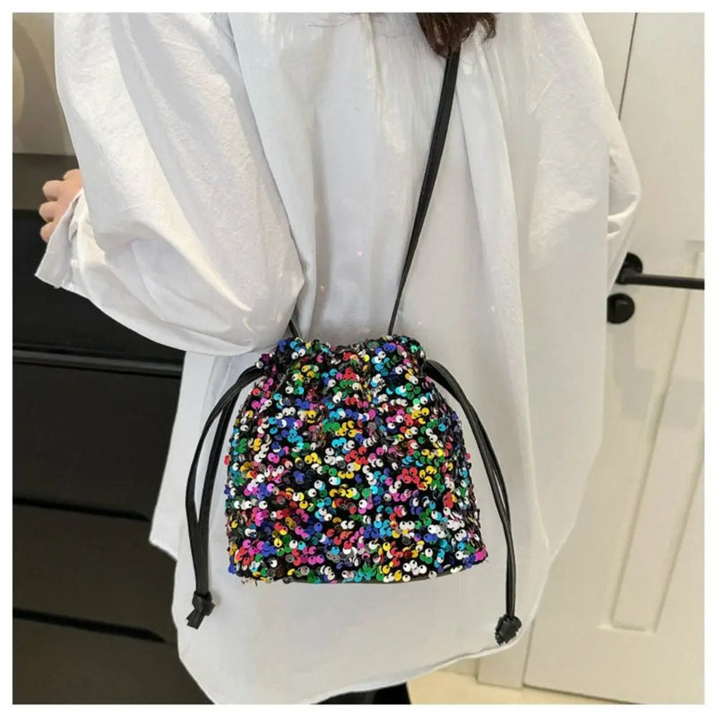 Creative Multicolor Sequin Shoulder Bag Fashion Versatile Handbag Drawstring Bucket Bag Large Capacity Wallet Purse