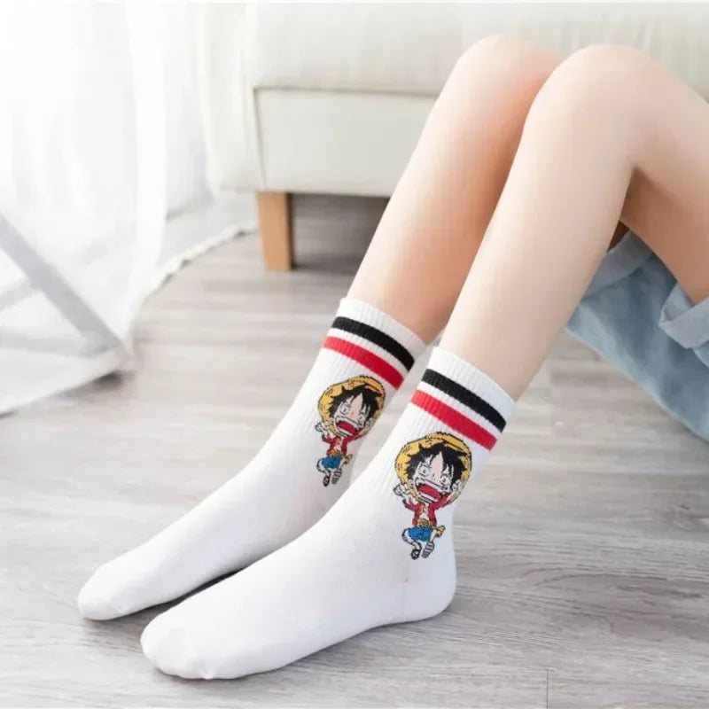 5Pair Anime One Piece Socks Cartoon Luffy Chopper Student Cotton White Long Short Boat Socks Printed Knitted Socks Children Gift