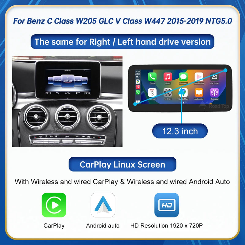 Touch Display Multimedia Player for Mercedes Benz C Class W205 GLC V Class W447 2015-2019 NTG5.0 GPS Carplay Screen