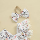 Toddler Girls Floral Bunny Print Lace Trim Flutter Sleeve Romper with Bow Headband Easter Outfit Set 2 Pieces