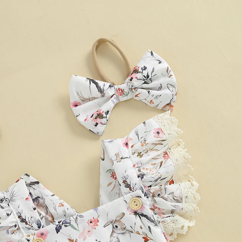 Toddler Girls Floral Bunny Print Lace Trim Flutter Sleeve Romper with Bow Headband Easter Outfit Set 2 Pieces