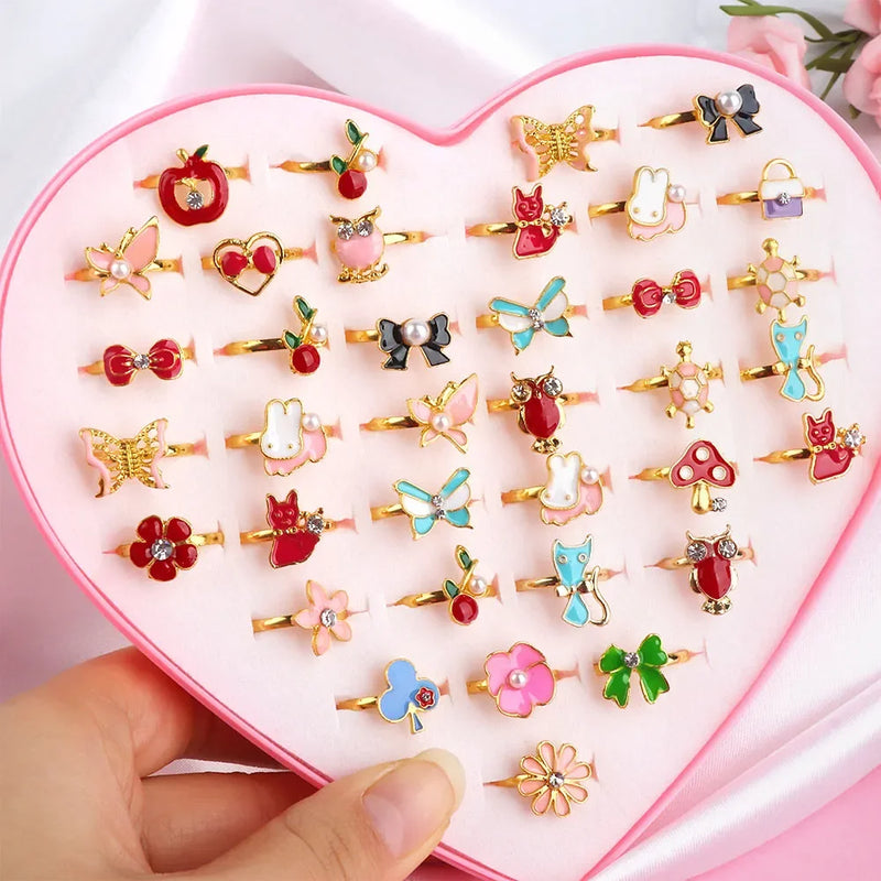 10/20/36 pcs Cute Adjustable Rings Children Girls Pretend Play Makeup Toys Cartoon Crystal Jewelry Alloy Animal Enamel Ring