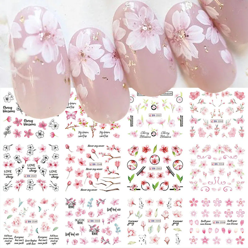 12 Design Sakura Flower Nail Water Stickers Pink Cherry Blossoms Nail Slider Decal Floral Leaves DIY Spring Manicure Decoration