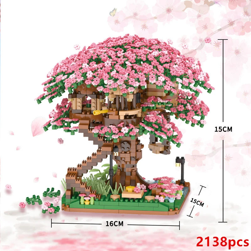 DIY Purple Romantic Cherry Blossom Flower Pink Tree House Train Assembly Building Blocks Classic Model Bricks Sets Kid