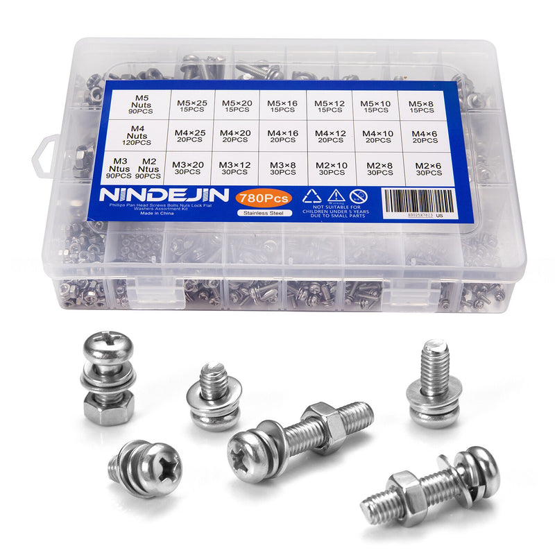 NINDEJIN 780pcs Cross SEMS Screw Kits M2 M3 M4 M5 Stainless Steel Phillips Pan Head Machine Screws Set With Nuts Assortment Kit