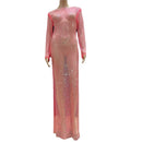 Sexy See Through Rhinestone Club Split Dress Women Crystal Glitter Evening Party Dresses Long Fishnet  Beach Slash Neck Dress