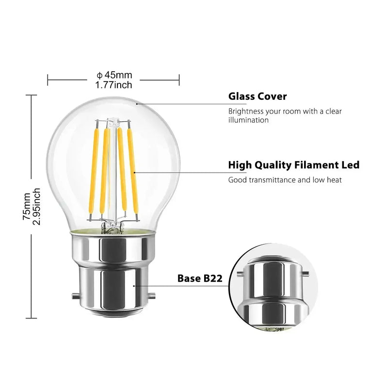 B22 Filament LED Light Bulb 4W Incandescent Bayonet Lamp G45 2700K Warm White Replacement 40W Rustic Clear Energy Class A+ 4PACK