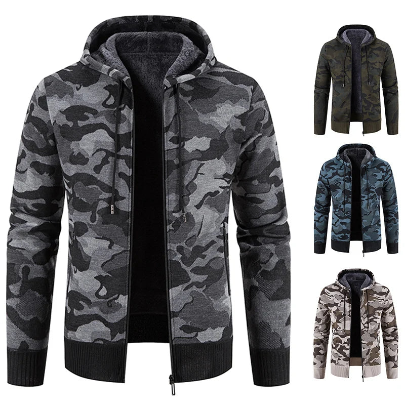 Men Winter Hoodies Knit Sweater Coat Zip Up Camouflage Jacket Y2K Sweatshirts Fleece Zipper Open Overcoat Hombre Clothing