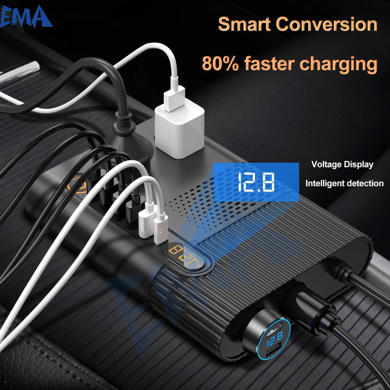 Car Inverter 200W 12V/24V To 220V Cigarette Lighter Power Supply Inverter Adapter with 4-Port USB QC 3.0 Charger Fast Charging