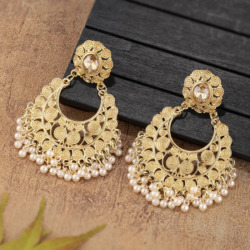 Luxury Ethnic Gold Color Indian Jhumka Earrings Women Vintage Crystal Flowers Pearl Tassel Earring 2023 Wedding Brincos Jewelry