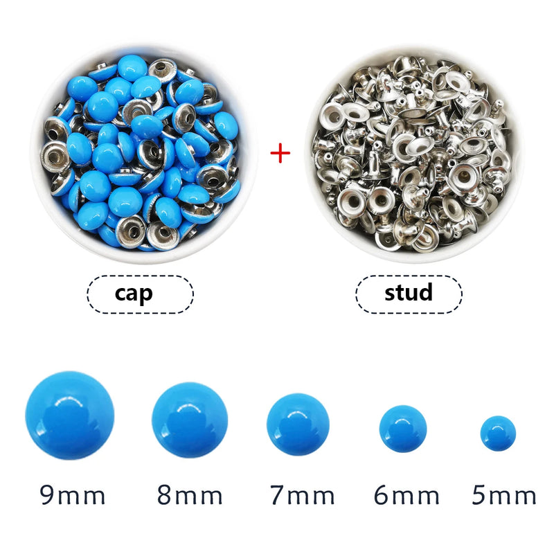 100sets Dome Cap Rivets 14 Colors Metal Studs Round Rivet for Leather Craft Bag Belt Clothing Garment Shoes Collar Parts