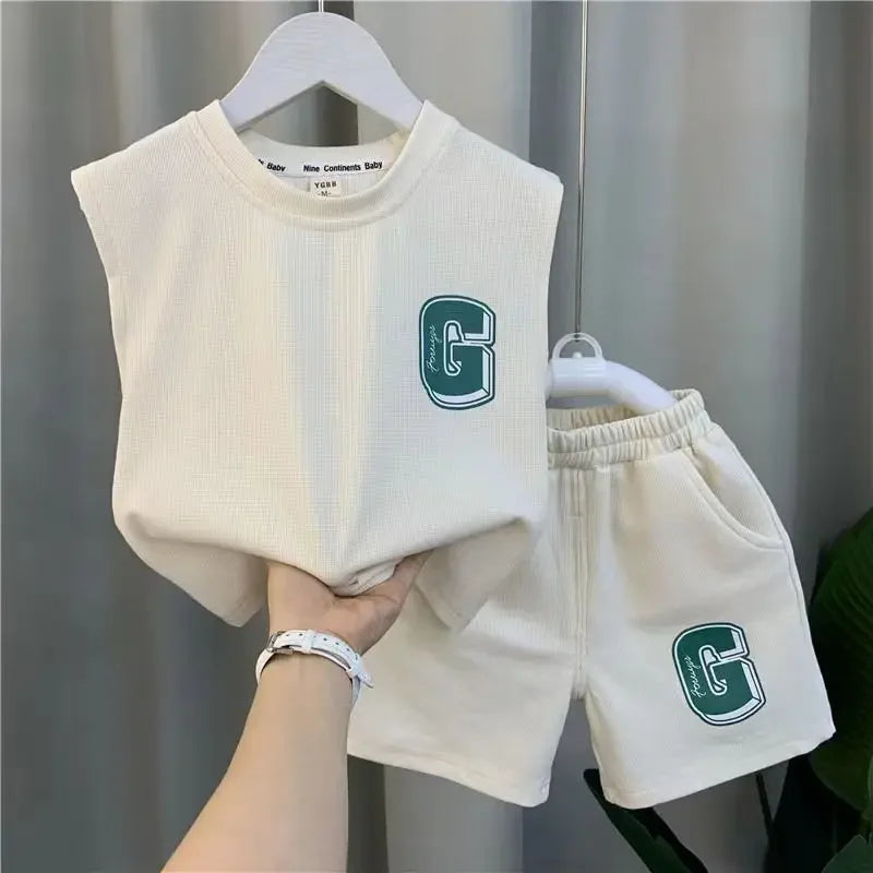 2pc Boy Clothing Set Summer Fashion Silk Letter Print Boys Sets Kids Sleeveless Tops Loose Shorts Outfit Set Hoodies and Pants