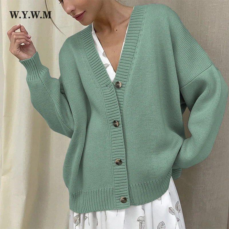 WYWM Winter New Fashion Temperament Knitted Cardigan Women Loose V-neck Single Breasted Sweater Female Solid Minimalist Knitwear