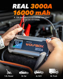WOLFBOX 3000A Jump Starter,12V Car Battery Jump Starter,65W Quick Charge 16000mAh for 8L Gas 6L Diesel Engine with Booster