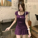 New Women Slim Temperament Purple Black Mini Dress Sexy Summer Knit Waist Skirt Spice Girls Dresses Bodycon Dress High Quality