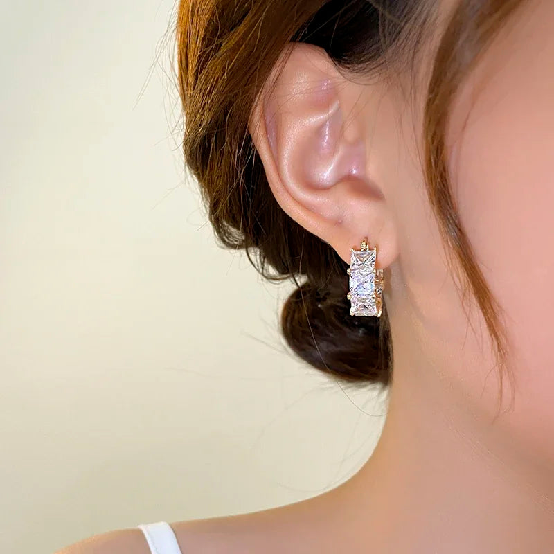 New women's fashion jewelry 14K gold plated shiny Zircon square hoop earrings for Christmas party girls fashion accessories
