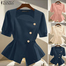 2025 ZANZEA Elegant Puff Sleeve Work Blouses Women Summer Shirts Square Neck Stylish Solid Buttons Tunic Tops Waisted OL Blusas