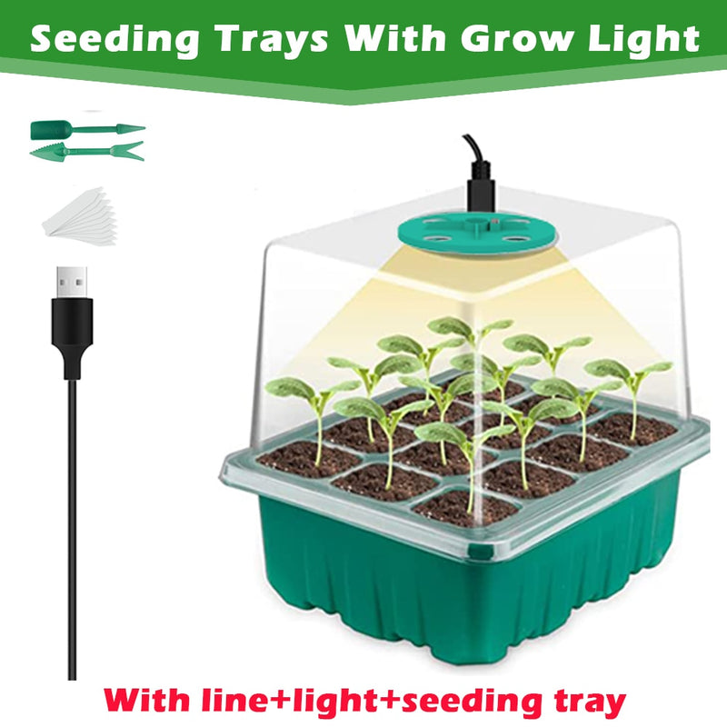 Full Spectrum LED Grow Light with Seedling Tray Plant Seed Starter Trays, Greenhouse Growing Trays with Holes 12 Cell Per Tray