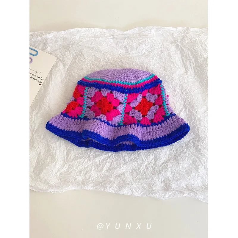 Retro Versatile Japanese Dopamine Rainbow Knitted Bucket Hats for Women Spring and Autumn Travel Fashion Casual Basin Cap