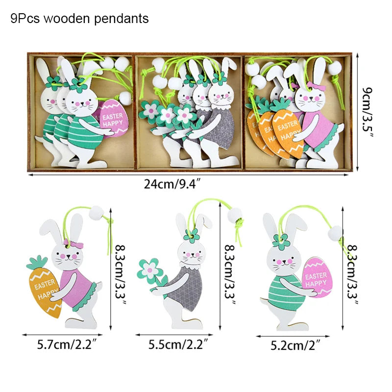 12/9pcs Happy Easter Wooden Pendant Cute Bunny Egg Carrot Chick Hanging Ornaments Spring Easter Party Home Decoration DIY Wreath
