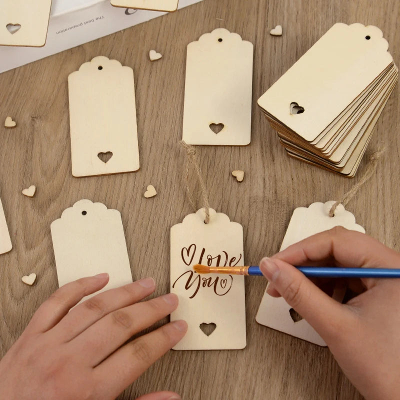 24pcs/set Unfinished Blank Wooden Tag Natural Rectangle Pendant with Heart DIY Crafts Bookmark for Wedding Party Decoration Gift