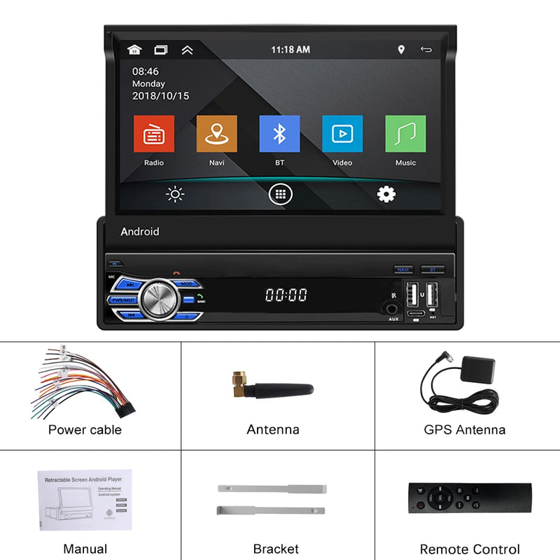 Podofo 4Core 1Din Android Car Stereo 7 ''Retractable Screen Car Radio Carplay Android 2 + 64G Mirror Link GPS WIFI Car Audio